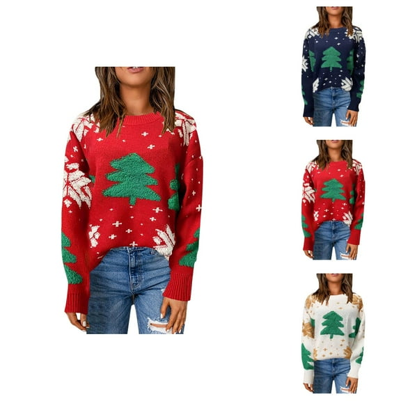 Cute Christmas Tree Sweaters for Women 2025 Long Sleeve Crewneck Xmas Knitted Pullover Sweater Jumper Tops