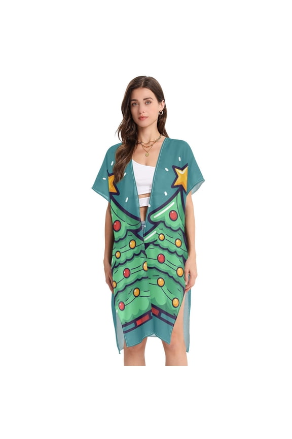 Cute Christmas Tree Women Swimsuit Cover up V Neck Beach Dress Short Sleeve Vacation Outfits Swimwear