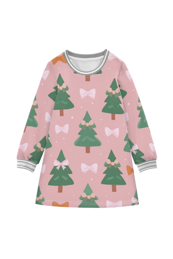 Cute Christmas Trees with Pink Orange Bows Long-sleeved Dress A-line One-Piece Dress for 2-8 Years Casual Party 2T