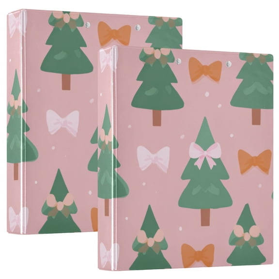 Cute Christmas Trees with Pink Orange Bows Round Ring Binder 3 Rings 1.5" Capacity File Storage for A4 Size 1 Pack