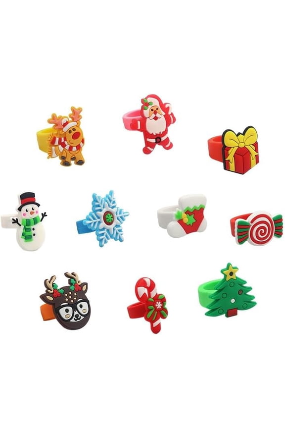 Cute Christmas Xmas Stackable Rings Set for Women Multicolor Cartoons Rubber Silicone Santa Claus Christmas Stocking Tree Elk Garland Bells Ring Lightweight Holiday Party Jewelry Gifts-10 Pcs