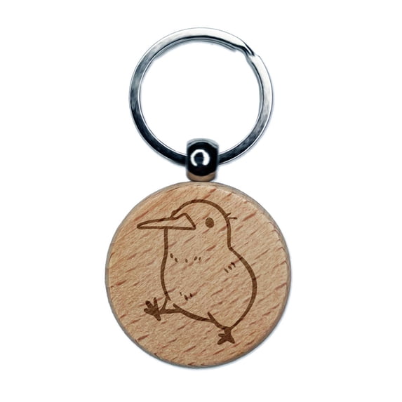 Cute Chubby Kiwi Bird Walking New Zealand Round Keychain Charm Tag - Engraved Wood