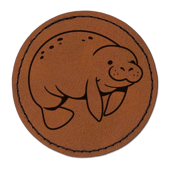 Cute Chubby Manatee 2.5" Faux Leather Round Engraved Iron-On Patch - Brown