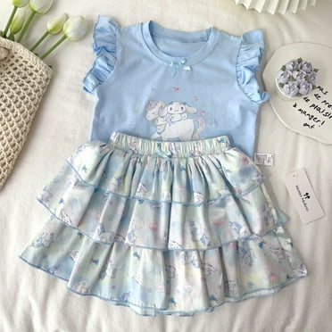 Cute Cinnamoroll Print Girls' Two-Piece Set,Sleeveless Ruffled Top and Tiered Culottes,140