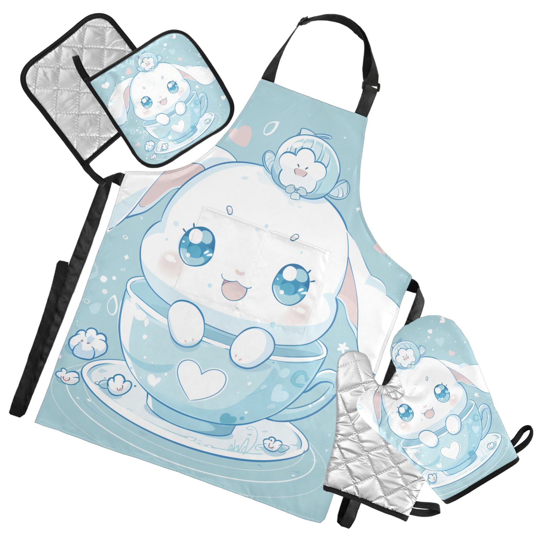 Cute Cinnamoroll Sanrio in Cup 5 Pcs Kitchen Set Heat Resistant Oven Mitts and Non-Slip Pot Holders with Adjustable Cooking Apron