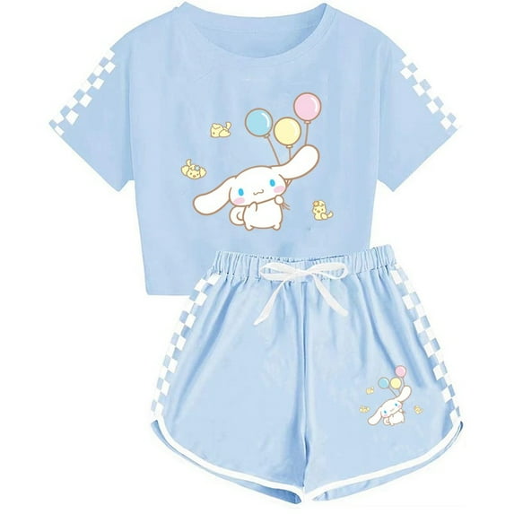 Cute Cinnamoroll Short-sleeved Shorts 2-Piece Sets Women Summer Plaid Print Tracksuit,120