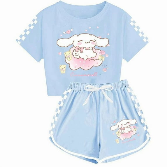 Cute Cinnamoroll Short-sleeved Shorts 2-Piece Sets Women Summer Plaid Print Tracksuit,130