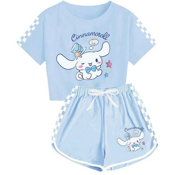 Cute Cinnamoroll Short-sleeved Shorts 2-Piece Sets Women Summer Plaid Print Tracksuit,150