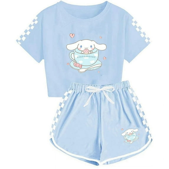 Cute Cinnamoroll Short-sleeved Shorts 2-Piece Sets Women Summer Plaid Print Tracksuit,160