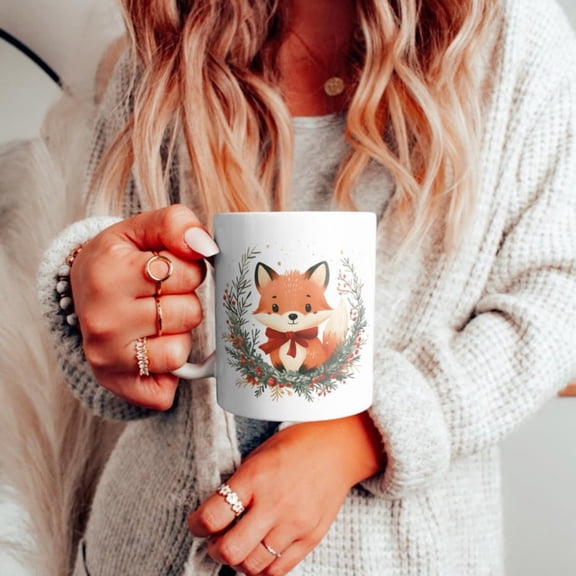 Cute Cistmas Fox Mug, Cistmas Wreath Fox Coffee Cup, Winter Hohocolate Mug, Orange Fox Ceramic Mug, Fest day Gift Mug.