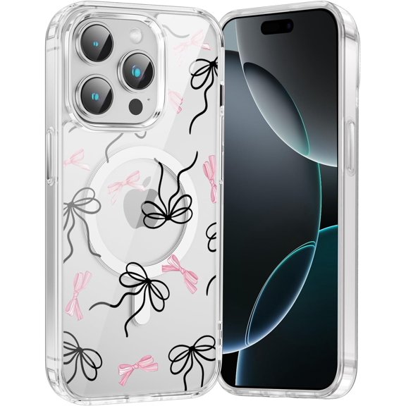 Cute Clear Bow Magnetic Phone Case for iPhone 16 Pro Max 6.9" Compatible with MagSafe, Aesthetic Pink and Black Ribbon Bowknot Pattern Cover Slim Soft TPU Shockproof Protective for Women Girls