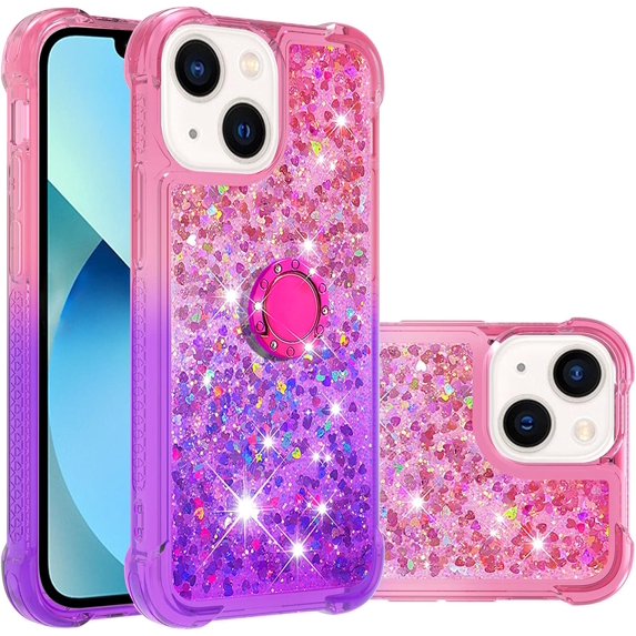 Cute Clear Case for iPhone 14 Plus with Ring Kickstand, Bling Gradient Quicksand Glitter Flowing Liquid Floating Case Cover for iPhone 14 Plus JB Pink Mauve