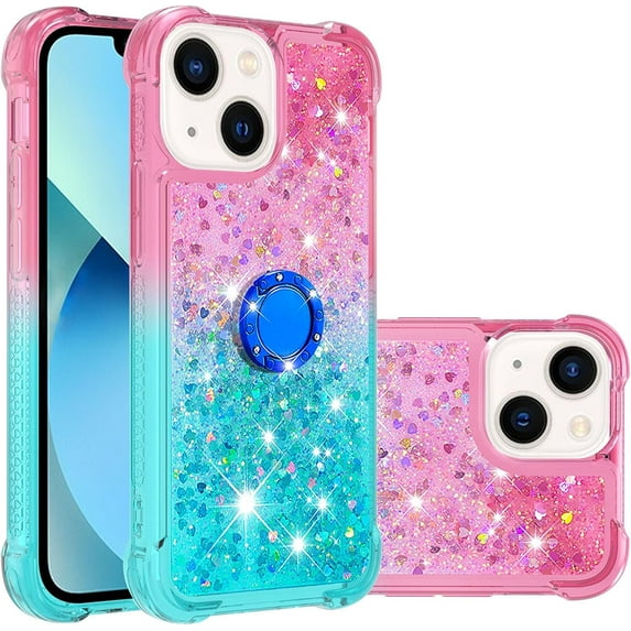 Cute Clear Case for iPhone 14 Plus with Ring Kickstand, Bling Gradient Quicksand Glitter Flowing Liquid Floating Case Cover for iPhone 14 Plus JB Powder Blue