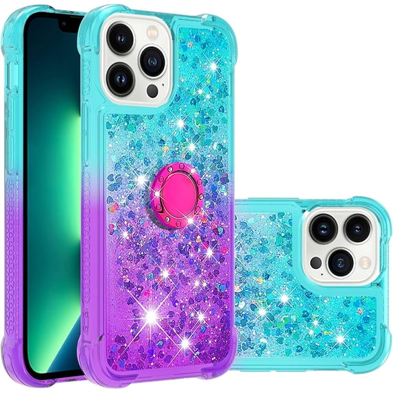 Cute Clear Case for iPhone 14 Pro Max with Ring Kickstand, Bling Gradient Quicksand Glitter Flowing Liquid Floating Case Cover for iPhone 14 Pro Max JB Bluish Violet