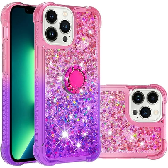 Cute Clear Case for iPhone 14 Pro Max with Ring Kickstand, Bling Gradient Quicksand Glitter Flowing Liquid Floating Case Cover for iPhone 14 Pro Max JB Pink Mauve