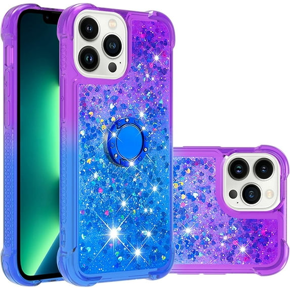Cute Clear Case for iPhone 14 Pro Max with Ring Kickstand, Bling Gradient Quicksand Glitter Flowing Liquid Floating Case Cover for iPhone 14 Pro Max JB Purple Navy