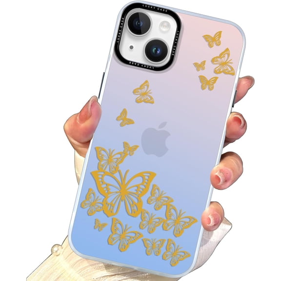 Cute Clear Laser Crystal Case for iPhone 14 / iPhone 13 6.1'', Gold Butterfly Glitter Pattern Print Design Funda Aesthetic Trendy Soft Slim TPU Shockproof Protective Cover for Women Girl