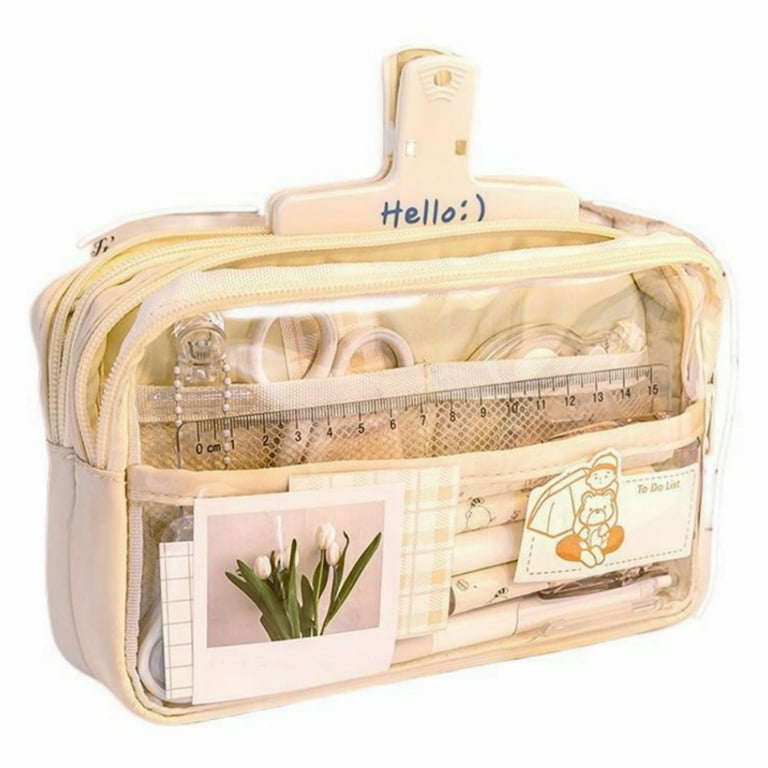 Pregoodshop Cute Clear Transparent Pencil Case Large Capacity Stationery Pouch Bag for Office School Adults Students Teens Girls - Beige, Size: One Size
