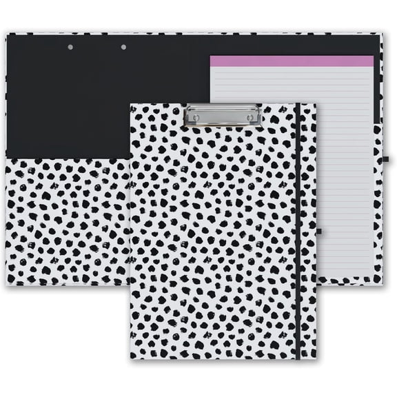 Cute Clipboard Folio with Refillable Lined Notepad and Interior Storage Pocket for Office Stylish A4 Foldable Clipfolio - Black Dots