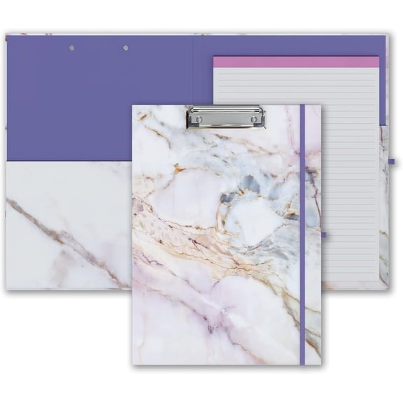 Cute Clipboard Folio with Refillable Lined Notepad and Interior Storage Pocket for Office Stylish A4 Foldable Clipfolio - Colorful Marble