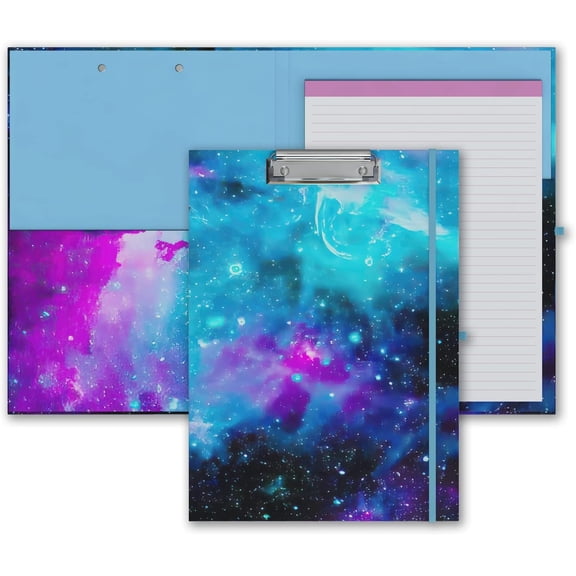 Cute Clipboard Folio with Refillable Lined Notepad and Interior Storage Pocket for Office Stylish A4 Foldable Clipfolio - Nebula Galaxy