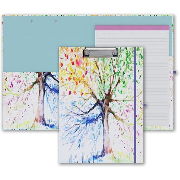 Cute Clipboard Folio with Refillable Lined Notepad and Interior Storage Pocket for Office Stylish A4 Foldable Clipfolio - Tree Seasons