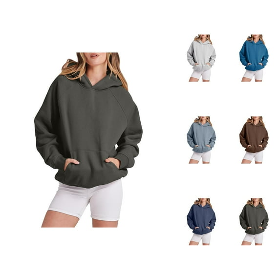 Cute Clothes Women's Solid Color Sweatshirt Women Solid Basic Letter Loose Hoodie Sweatshirt Long Sleeve Pocket Drop Shoulder Pullovers Top