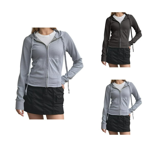 Cute Clothes Women's Solid Color Sweatshirt Women's Solid Color Waist Cinching Ribbed Zippered Hoodie Cardigan