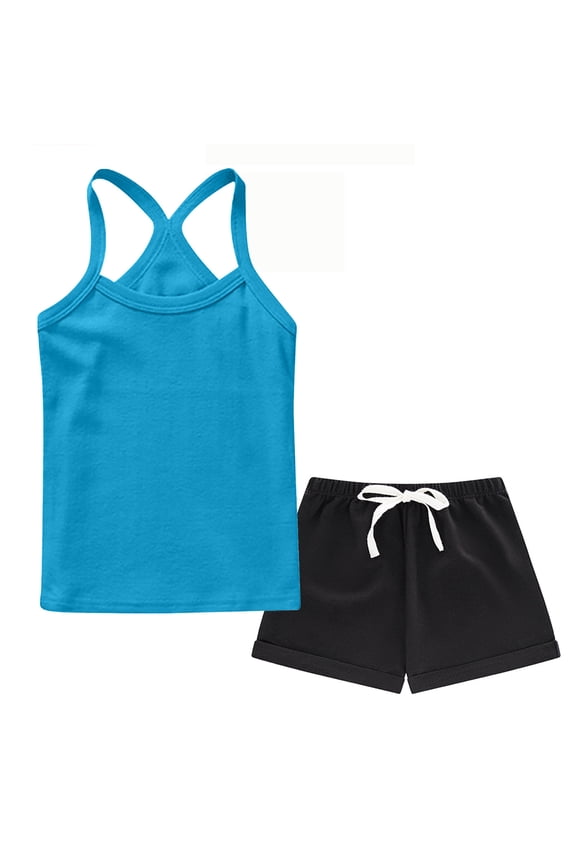 Cute Clothing Set for Girls Sleeveless Crop Tank High Elastic Wide Leg Shorts Dance Outfit Blue 8 Years