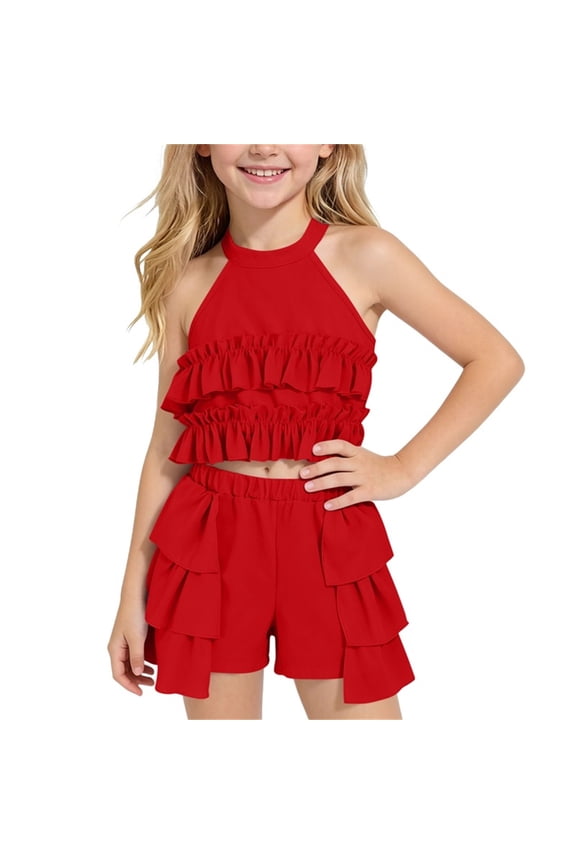 Cute Clothing Set for Girls Sleeveless Ruffle Trim Crop Tank High Elastic Wide Leg Shorts Dance Outfit Red 2-3Years