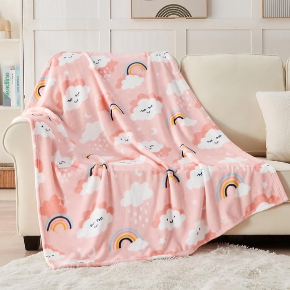 Cute Cloud Print Fleece Throw Blanket, Soft Lightweight Cozy Warm Flannel Blanket, Pink
