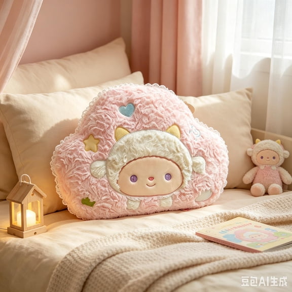 Cute Cloud Sheep Plush Throw Pillow, Soft Fluffy Lamb Cloud Shaped Stuffed Cushion with Lace Trim, Kawaii Cartoon Sheep Decorative Pillow for Bedroom Sofa Girls Room Home Decor