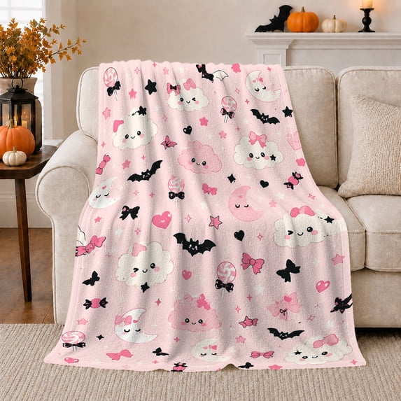 Cute Clouds with Bats Hearts and Bows, Playful Whimsical Style for Kids, Pink Kawaii Night Pattern and Birthday Gift, Cozy Flannel Blanket for Nursery and Bedroom, Home Decor