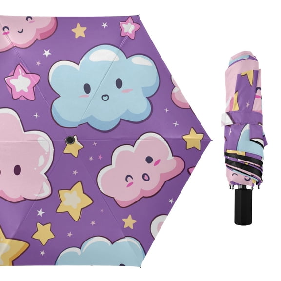 Cute Clouds Stars All Weather Umbrella Triple Folding Parasol 6 Ribs UV Protection Portable