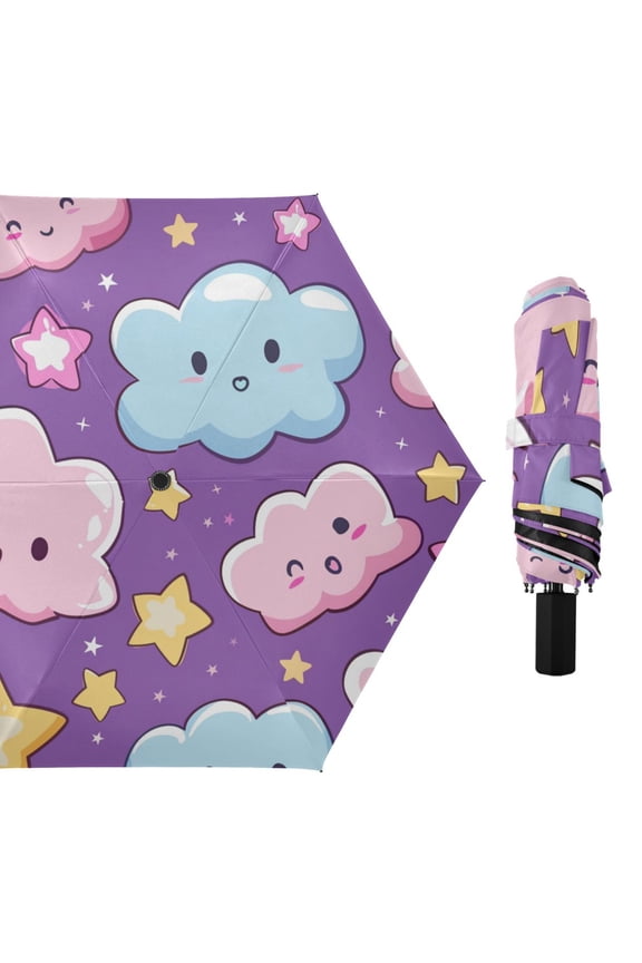 Cute Clouds Stars All Weather Umbrella Triple Folding Parasol 6 Ribs UV Protection Portable