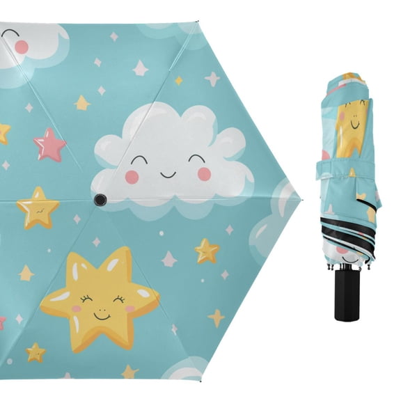 Cute Clouds Stars Cartoon All Weather Umbrella Triple Folding Parasol 6 Ribs UV Protection Portable