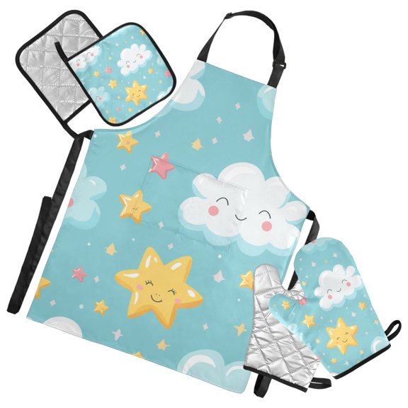 Cute Clouds Stars Cartoon Apron Set with Oven Mitts Pot Holders Set of 5 Kitchen Stuff Accessories