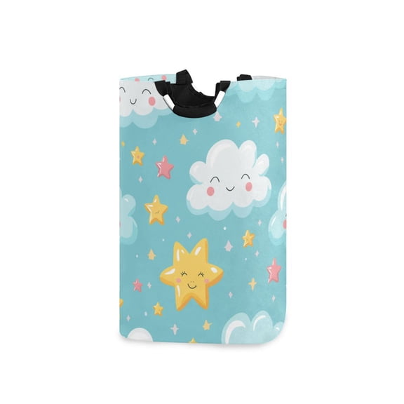 Cute Clouds Stars Cartoon Laundry Basket with Handles Foldable Laundry Hamper Freestanding Washing Bin 50L
