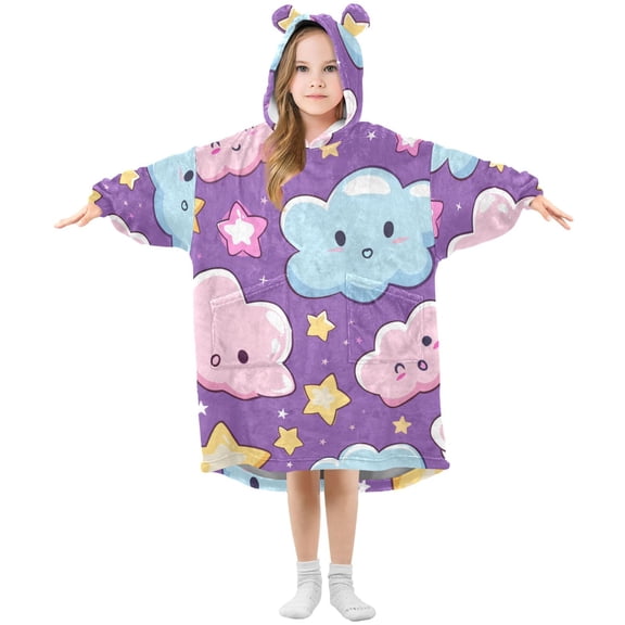 Cute Clouds Stars Flannel Wearable Blankets Hooded Design Long Sleeves Wrap Unisex for 3T-14Y S