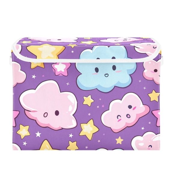 Cute Clouds Stars Foldable Storage Bin with Lid and Handle Collapsible Storage Box 16.5 x 12.6 x 11.8 inches