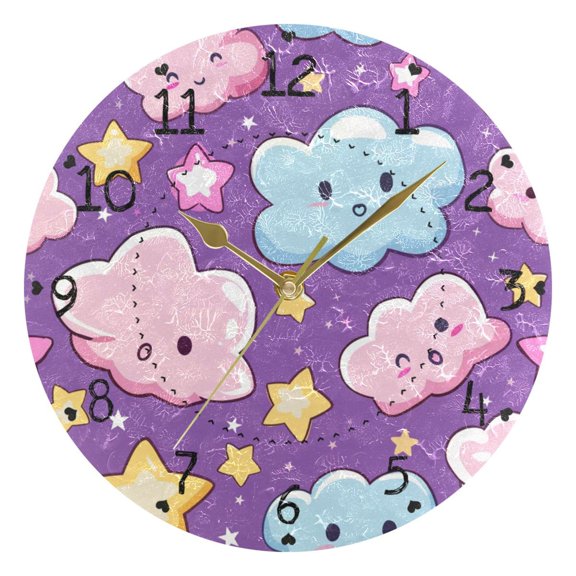 Cute Clouds Stars Round Wall Clock Silent Analog Battery Operated Gold Pointer Home Decor 9.84" Diameter