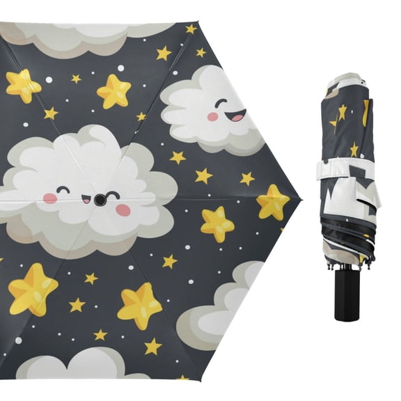 Cute Clouds Stars in Night All Weather Umbrella Triple Folding Parasol 6 Ribs UV Protection Portable