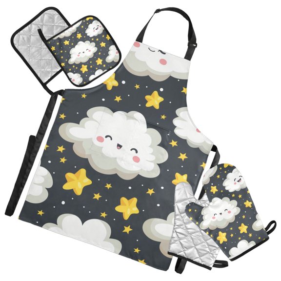 Cute Clouds Stars in Night Apron Set with Oven Mitts Pot Holders Set of 5 Kitchen Stuff Accessories