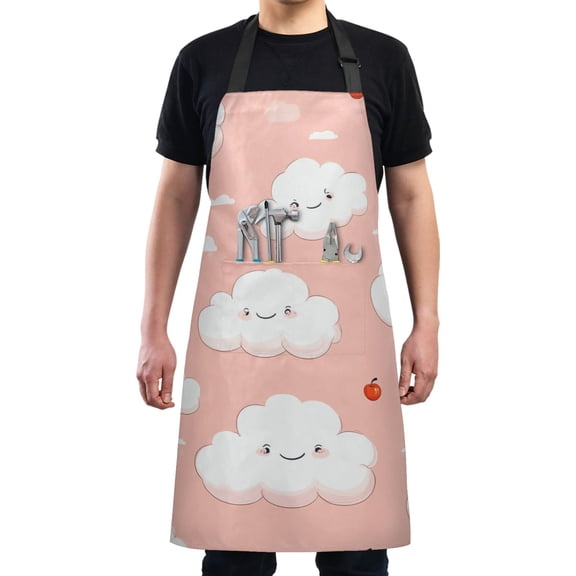Cute Clouds on Pink Chef Kitchen Apron with Pockets for Women Waterproof Aprons for Cooking Baking