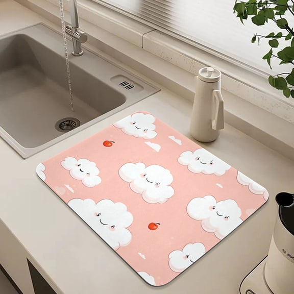 Cute Clouds on Pink Dish Drying Mat for Kitchen Counter Absorbent Drainer Mats (15.7X11.8Inch)