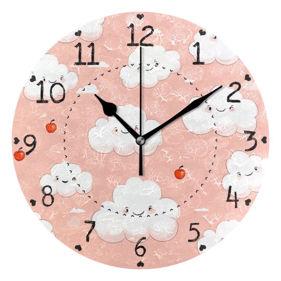 Cute Clouds on Pink Round Wall Clock Silent Battery Operated Home Decor for Living Room Bedroom
