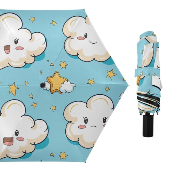 Cute Clouds with Different Faces Stars All Weather Umbrella Triple Folding Parasol 6 Ribs UV Protection Portable