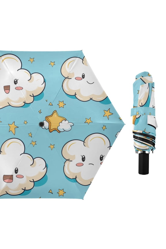 Cute Clouds with Different Faces Stars All Weather Umbrella Triple Folding Parasol 6 Ribs UV Protection Portable