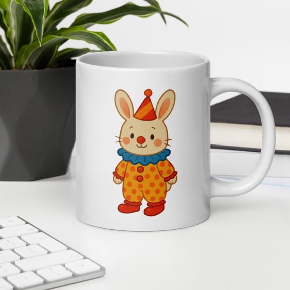 Cute Clown Bunny Coffee Mug Whimsil Rabbit Illustration White Ceramic Cup Fun Animal rtoon Mug Gift Easter Circus Dr.