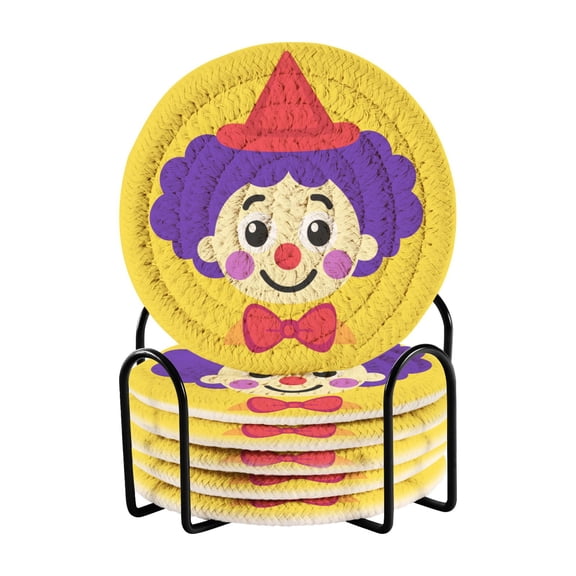 Cute Clown Face April Fools Day Drinking Coasters Cup Mat with Holder for Kitchen Cafe Bar 6 Packs